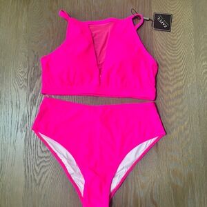 Zaful Neon Pink High Neck Mesh Bikini Set High Waisted Swimsuit Womens Size M